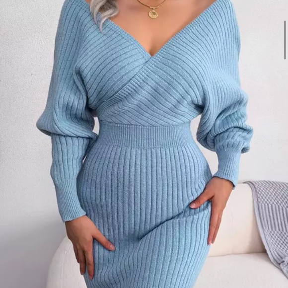 V-Neck long Sleeve knit Dress, Sweater Dress, Mini Sweater Dress Elegant Dress - Picture 3 of 5